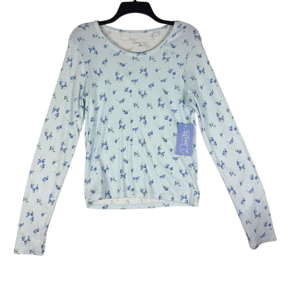 Demetra‎ for Aeropostale Floral Ribbed Long Sleeve Top Light Blue XL NWT